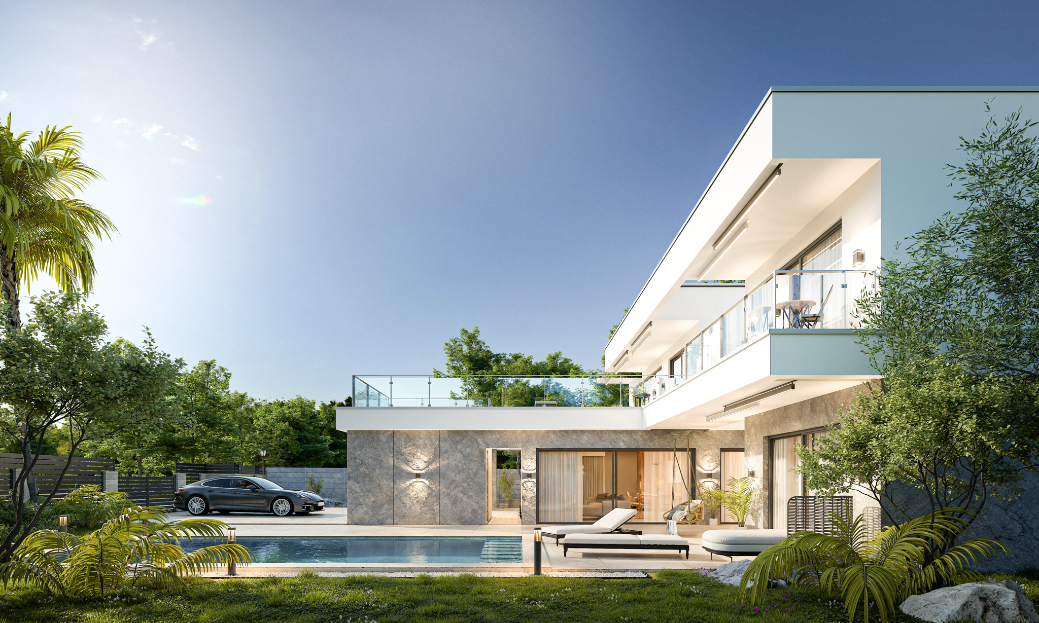 Modern white villa with glass balconies, a poolside lounge area, and lush landscaping under a clear blue sky.