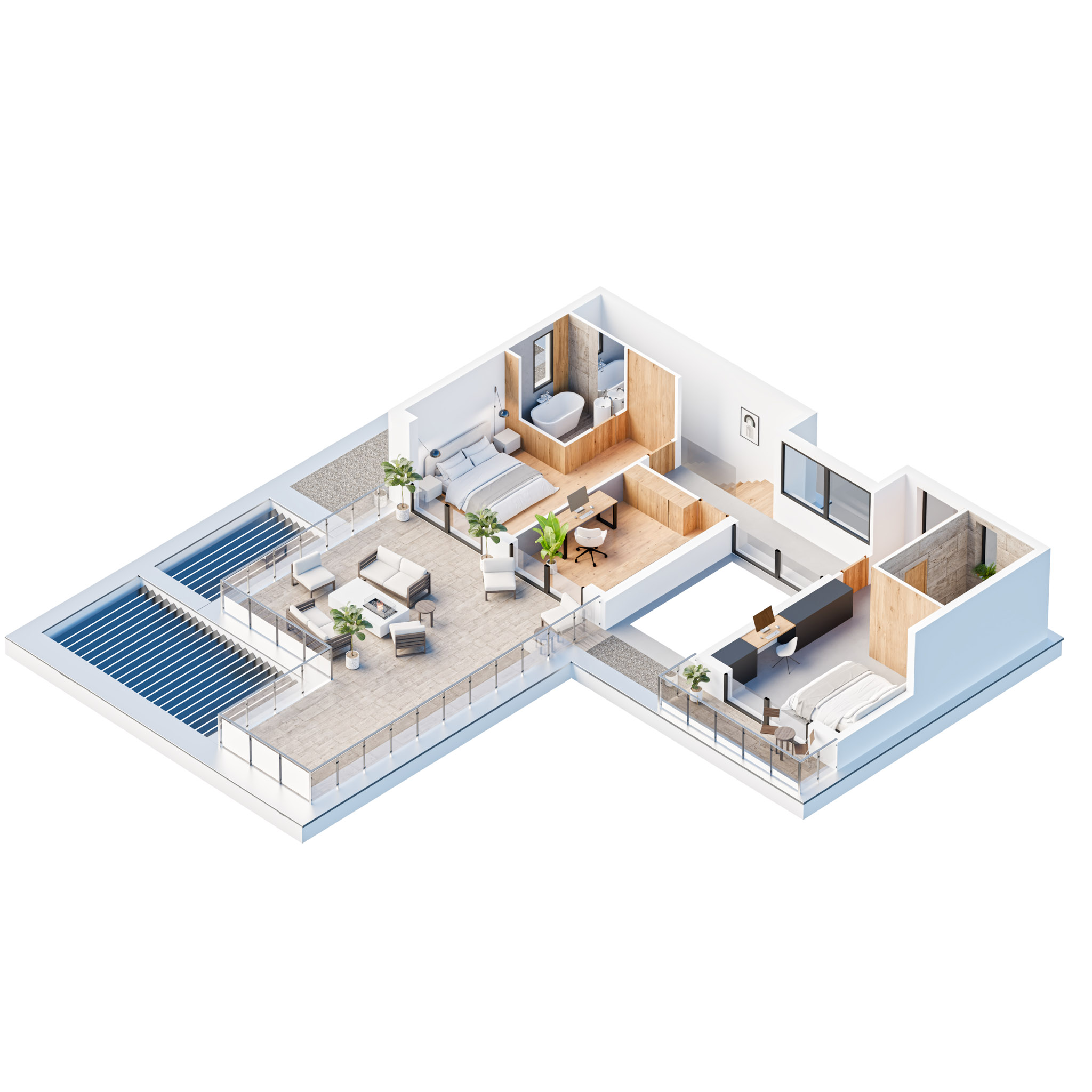 Isometric 3D floor plan of a modern apartment showing bedroom, bathroom, living area, kitchen and balcony