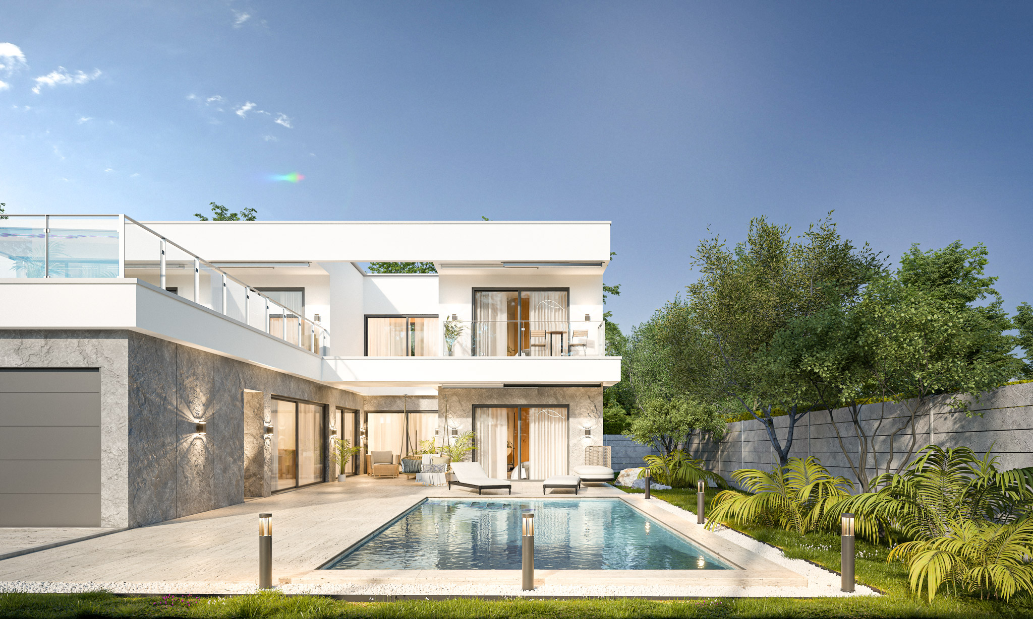 Modern white two-story home with glass balcony, outdoor seating area, and rectangular pool under a clear blue sky.