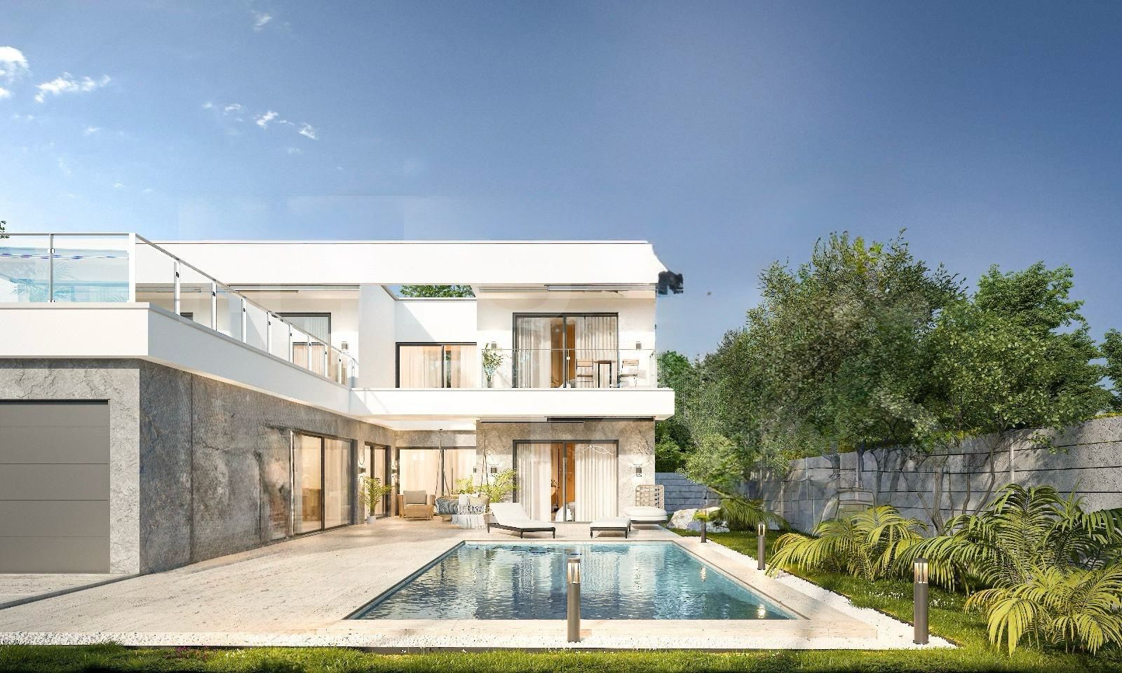 Modern two-story white house with glass balconies, a rectangular pool, and outdoor lounge area under a clear blue sky.