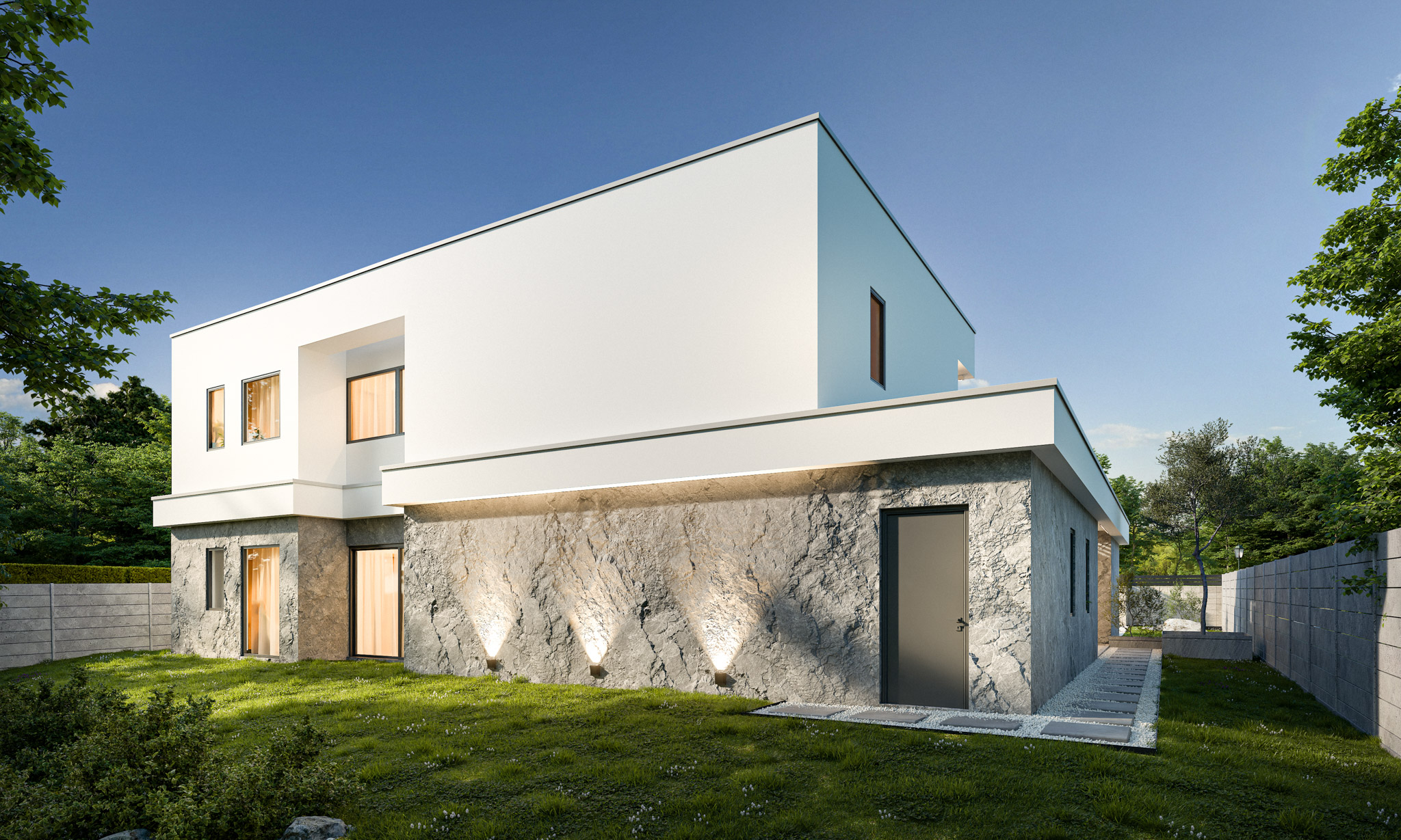Modern two-story house with white and blue exterior, stone base, large windows, and green lawn under a clear blue sky.