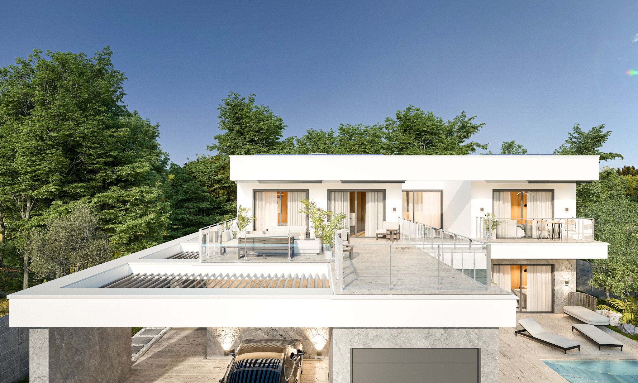 Modern white multi-level house with glass railings and a rooftop terrace set among green trees under a clear blue sky.