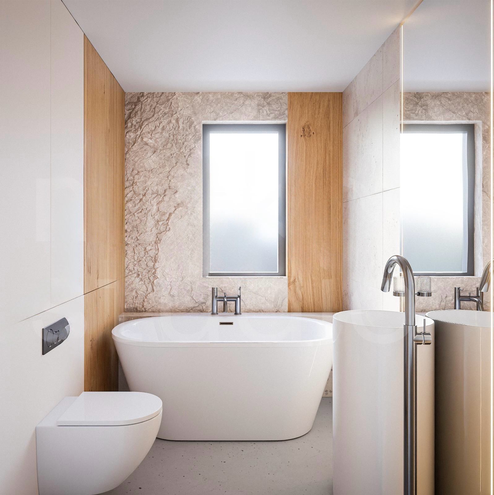 Modern bathroom with a white freestanding tub, wood panels, and textured stone walls between frosted windows.",