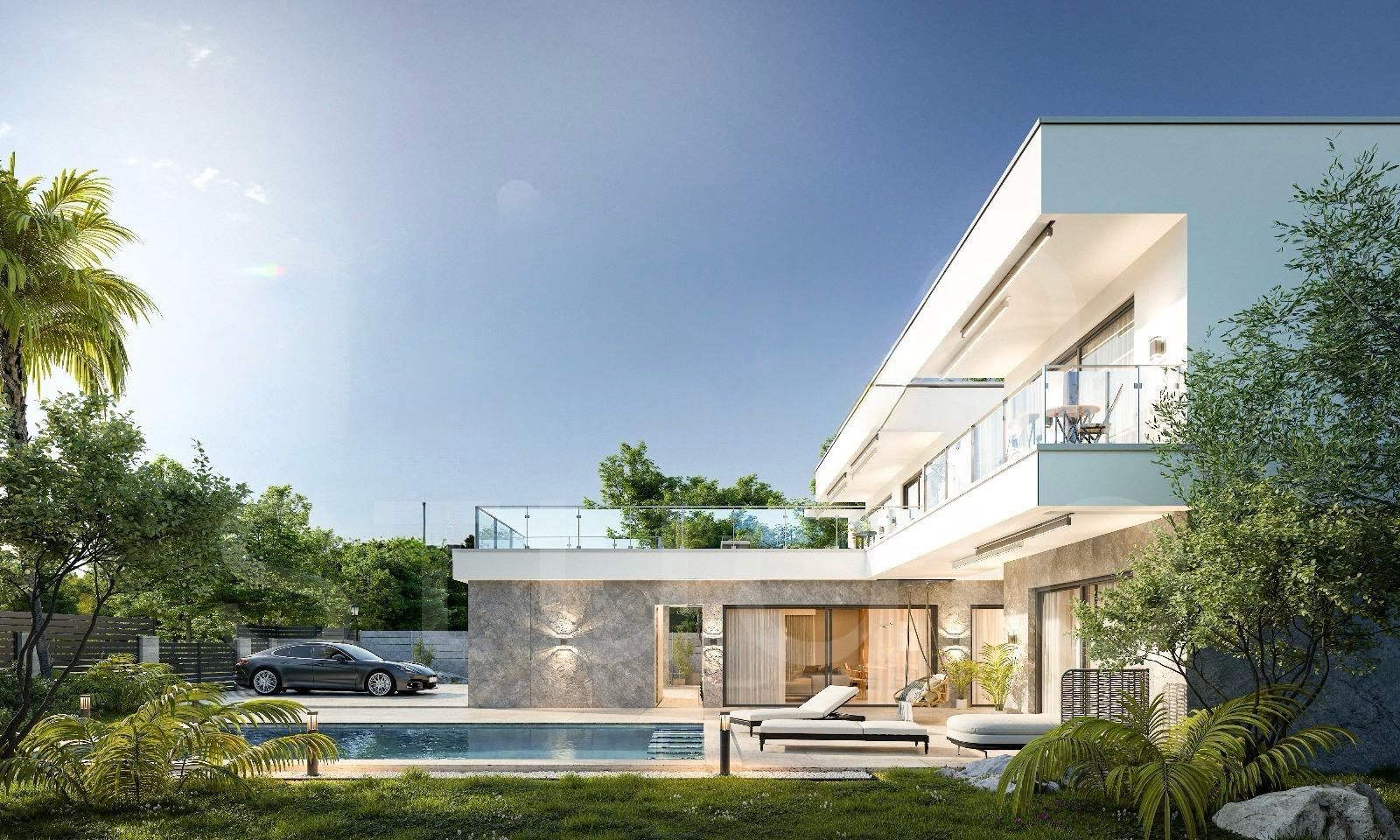 Sunny modern two-story house with glass balconies, a rectangular pool, and lush landscaping on a bright day