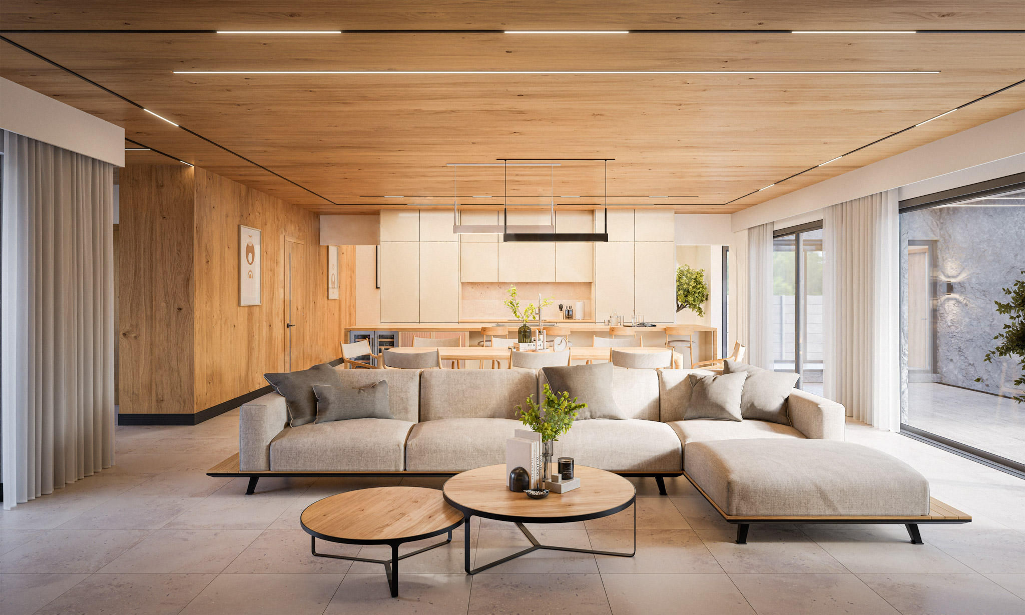 Open-plan living room with beige sectional sofa, round wood coffee tables, and a wood-paneled ceiling; large sliding glass doors in back.
