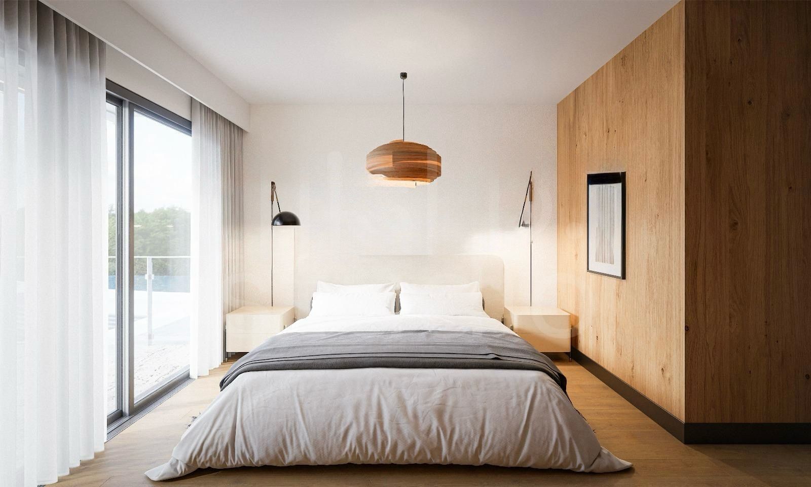 Minimalist bedroom with a white bed, two nightstands, and warm wood wall on the right.