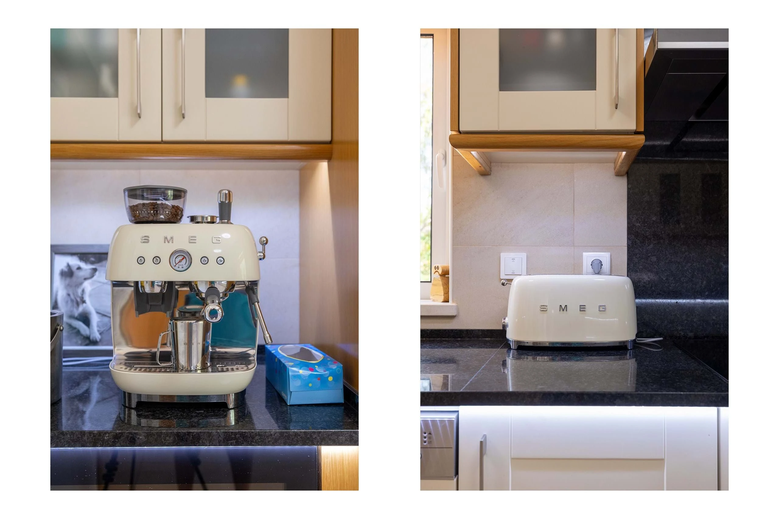 T5 Villa with pool in Ferrel 5mn from beach and Lagos centre – SunnySteve 16 Cream SMEG espresso machine on a dark granite counter under wooden cabinets, with a bowl of coffee beans on top.