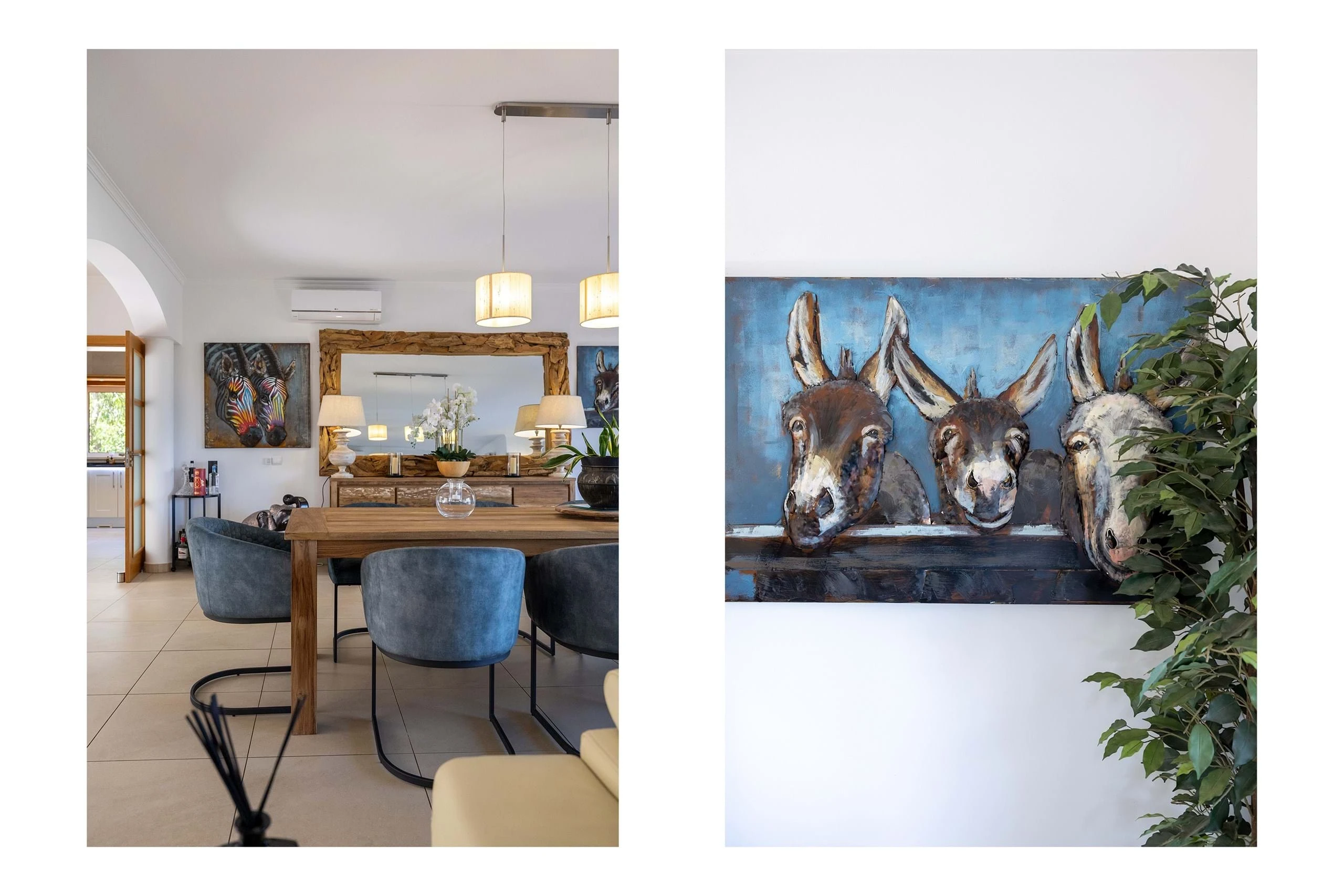 T5 Villa with pool in Ferrel 5mn from beach and Lagos centre – SunnySteve 8 Left panel shows a bright dining area with a wooden table and blue chairs, zebra artwork and a large wooden-framed mirror on the wall, plus plants and lamps. Right panel features a large painting of donkeys on a blue background with leafy plant at the edge.