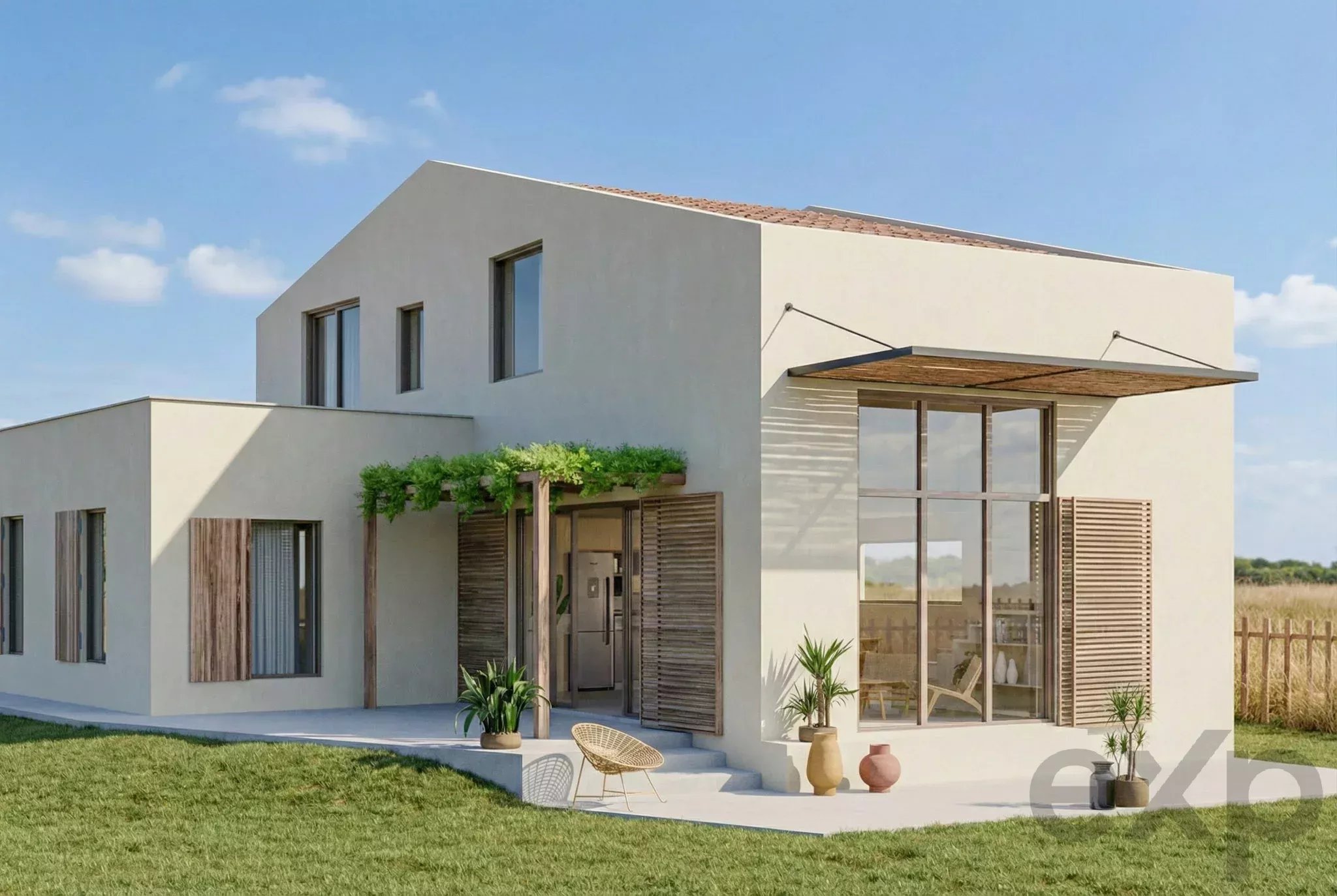 Modern beige house with a glass-waced patio, horizontal slatted screens, and potted plants against a clear blue sky.