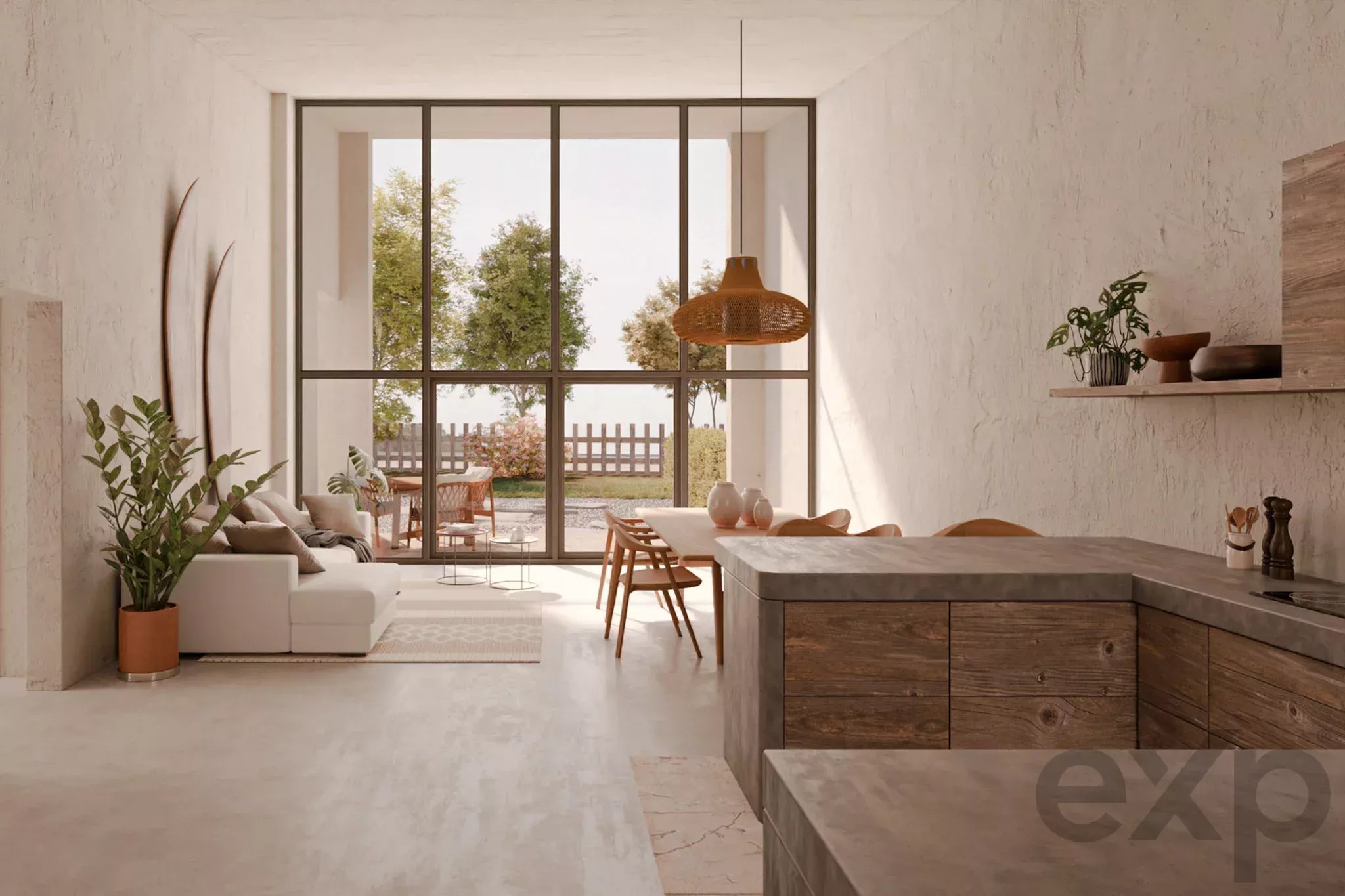 Open-concept living and dining space with large glass doors, a woven pendant light, and warm wood furnishings outside.
