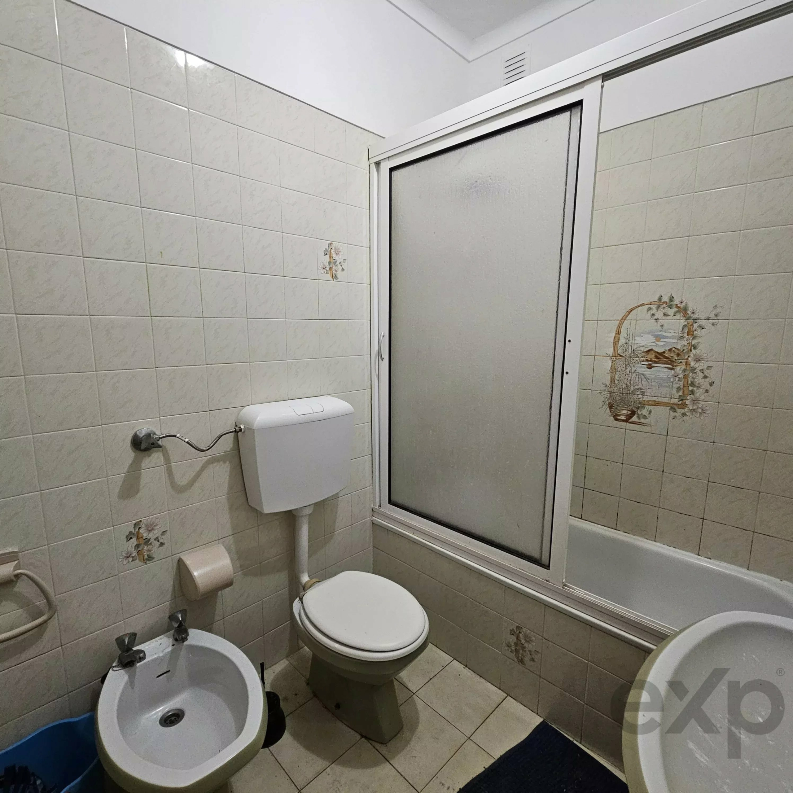 Small bathroom with a toilet and bidet, a sink, and a frosted glass sliding shower on the right; light tiled walls with floral accents.