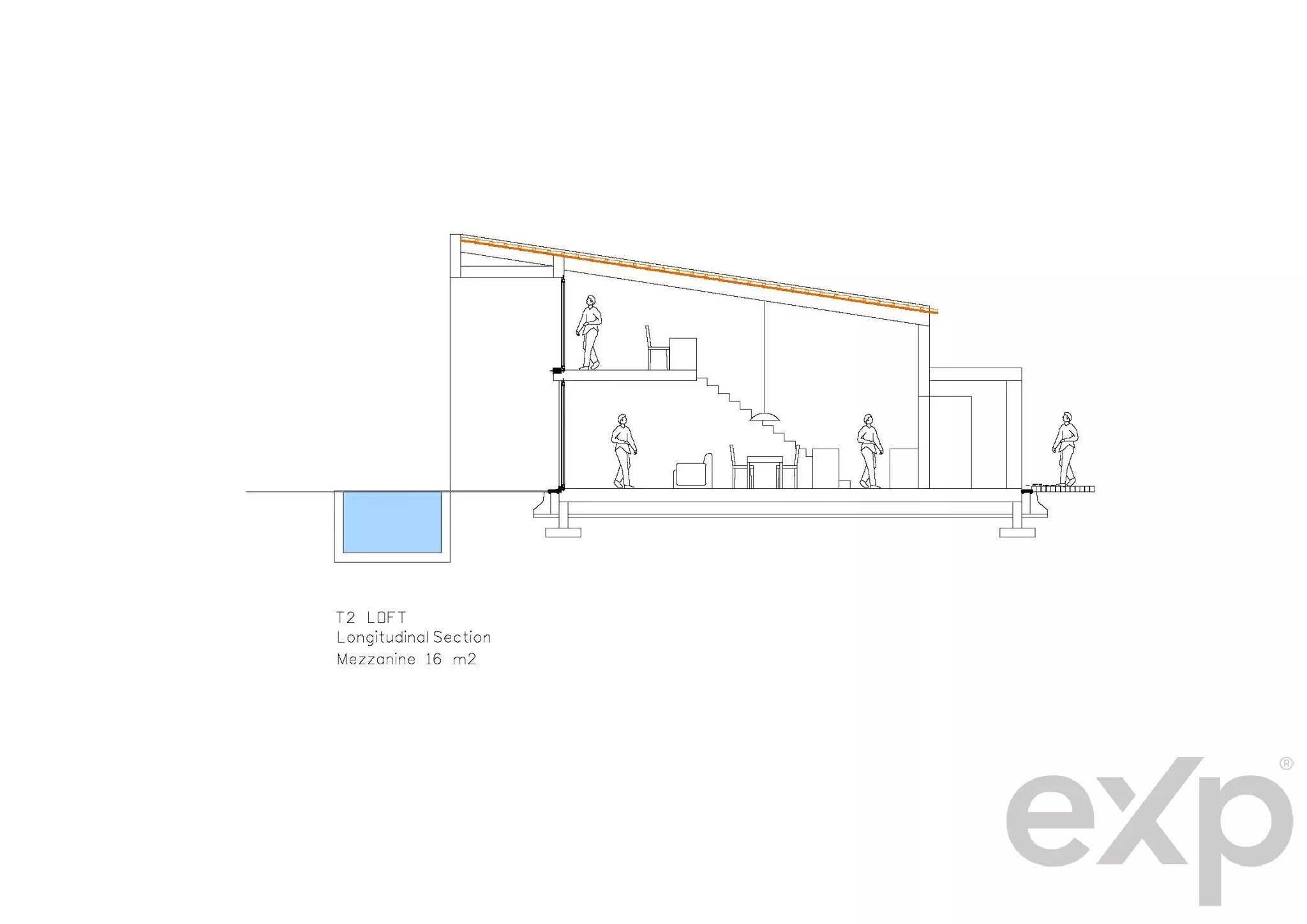 Longitudinal section of a loft showing mezzanine level, stairs, furniture, people, and a sloped roof with an orange edge still image text included: 'T2 LOFT'