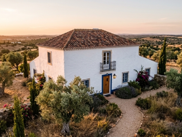 White Mediterranean-style cottage with red tile roof in a dry landscape at sunset; a curved gravel path leads to the blue-trimmed front door, garden and olive trees nearby.