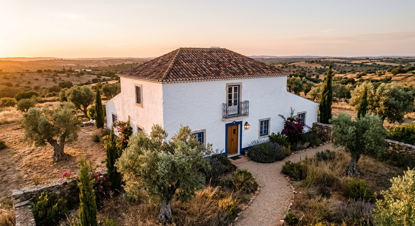 White Mediterranean-style cottage with red tile roof in a dry landscape at sunset; a curved gravel path leads to the blue-trimmed front door, garden and olive trees nearby.