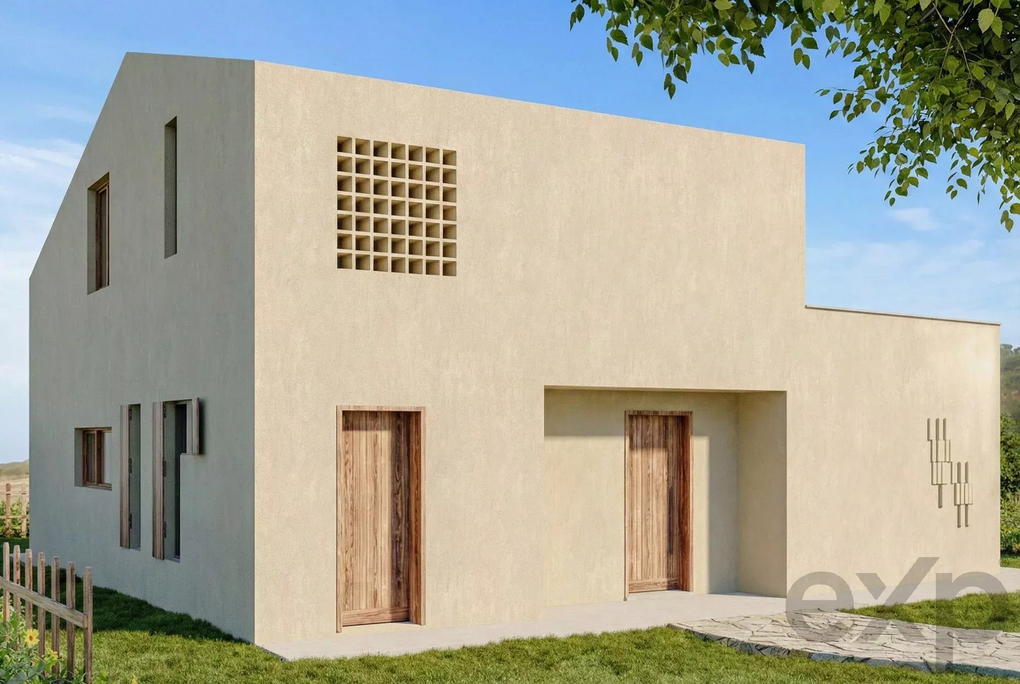 Modern beige stucco building with wooden doors, a grid of square vents on the upper wall, and a grassy yard under a blue sky.