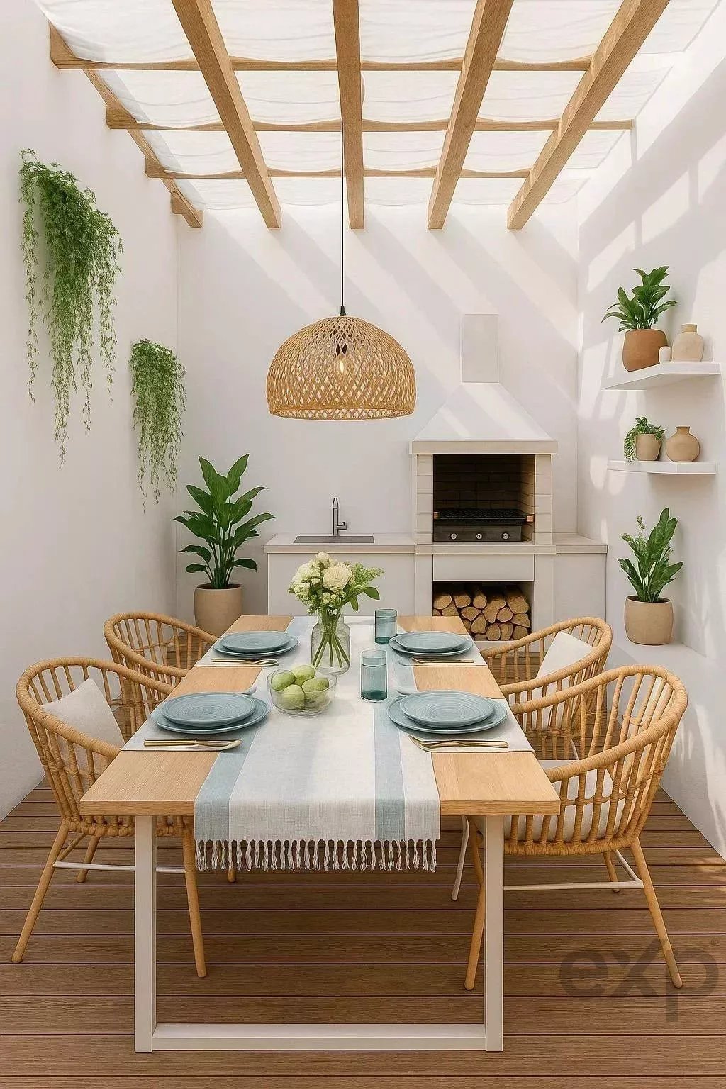 Bright outdoor dining area with a wooden table, wicker chairs, a woven pendant light, and potted plants under a skylit ceiling.