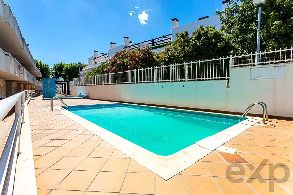 Rectangular blue pool in a sunny courtyard, surrounded by tan tile and a white fence with green shrubs beyond the wall.