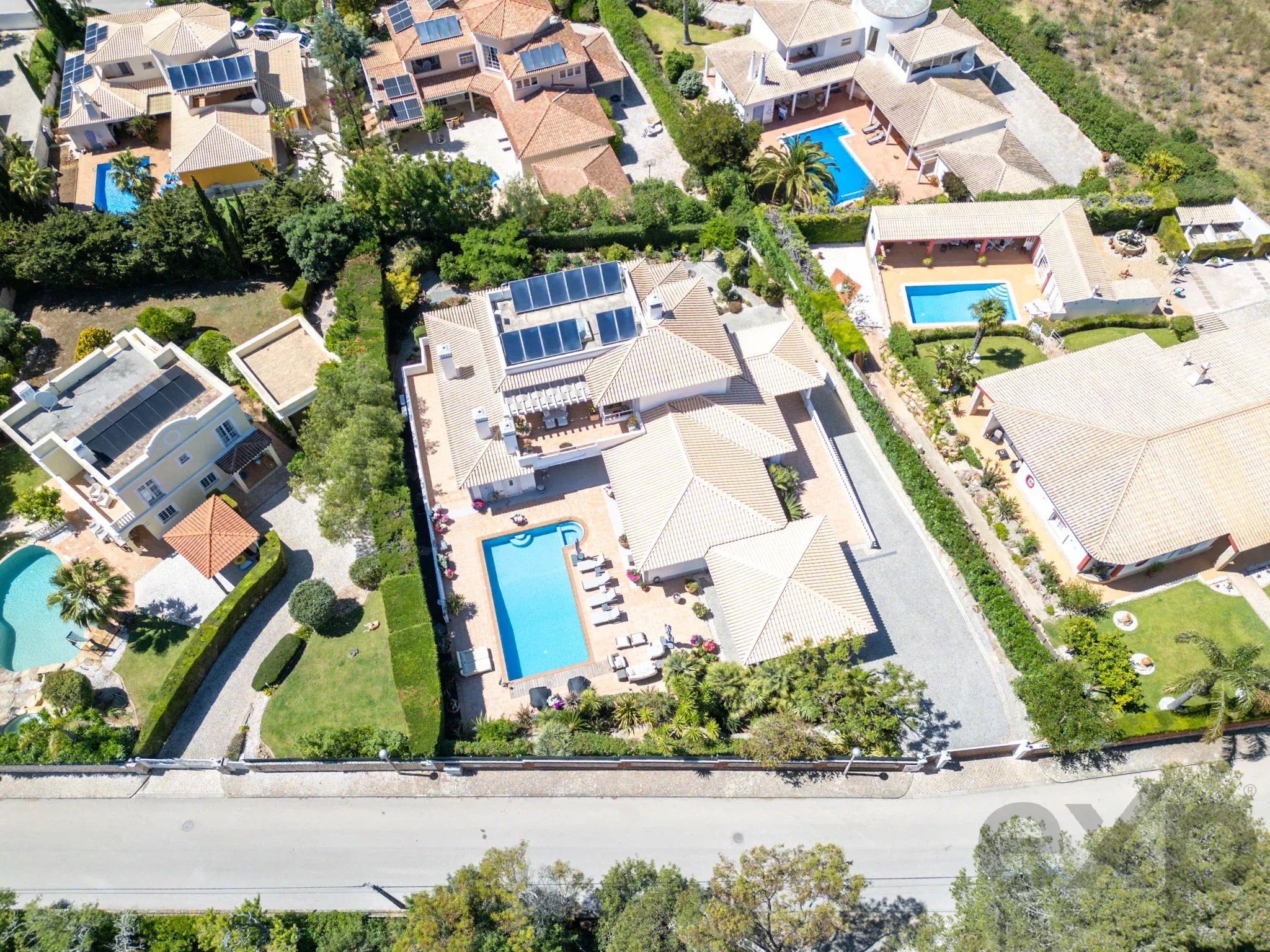 Aerial view of a residential neighborhood with tan tiled roofs, several blue swimming pools, and lush green trees and hedges between houses.