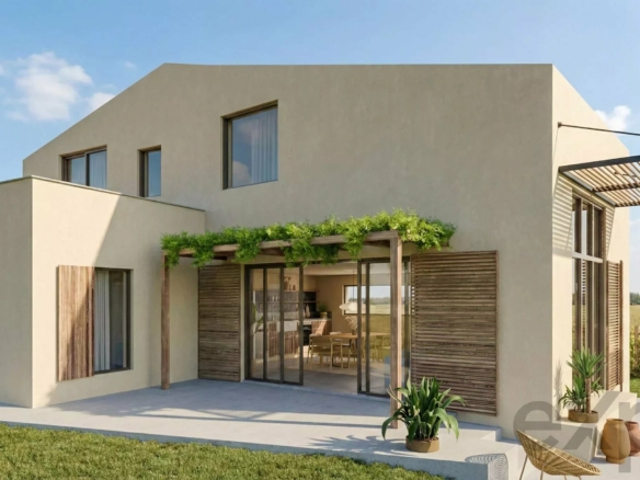 Modern beige stucco house exterior with large glass doors, wooden shutters, and a shaded patio area with greenery.