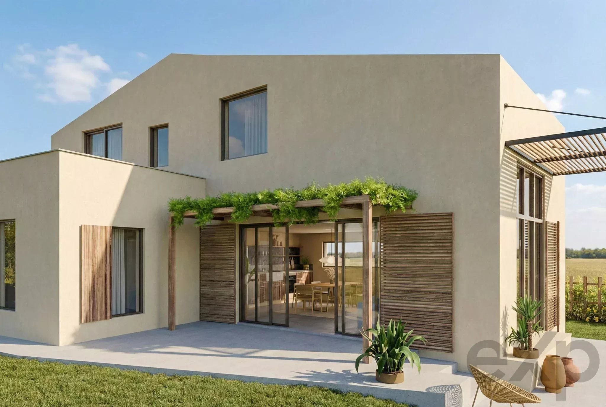 Modern beige stucco house exterior with large glass doors, wooden shutters, and a shaded patio area with greenery.