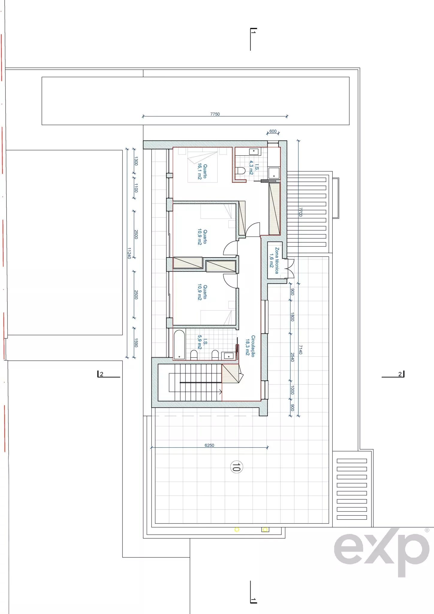 Floor plan of a residence section showing two bedrooms, a technical area, and stairs with labeled dimensions.