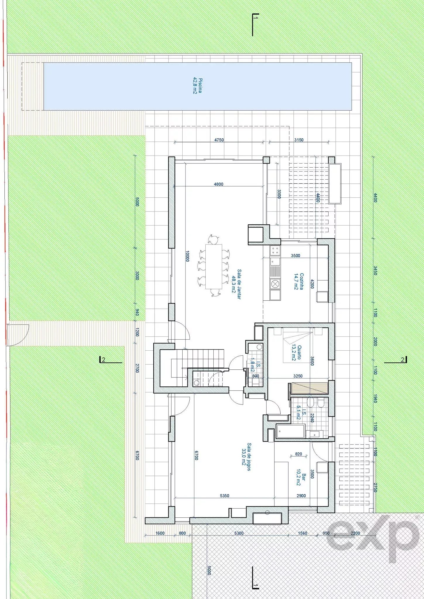 Architectural site plan: outdoor area with a rectangular pool at top, surrounding deck, green lawn areas on all sides, and a central building floor plan below showing rooms and furniture layout.