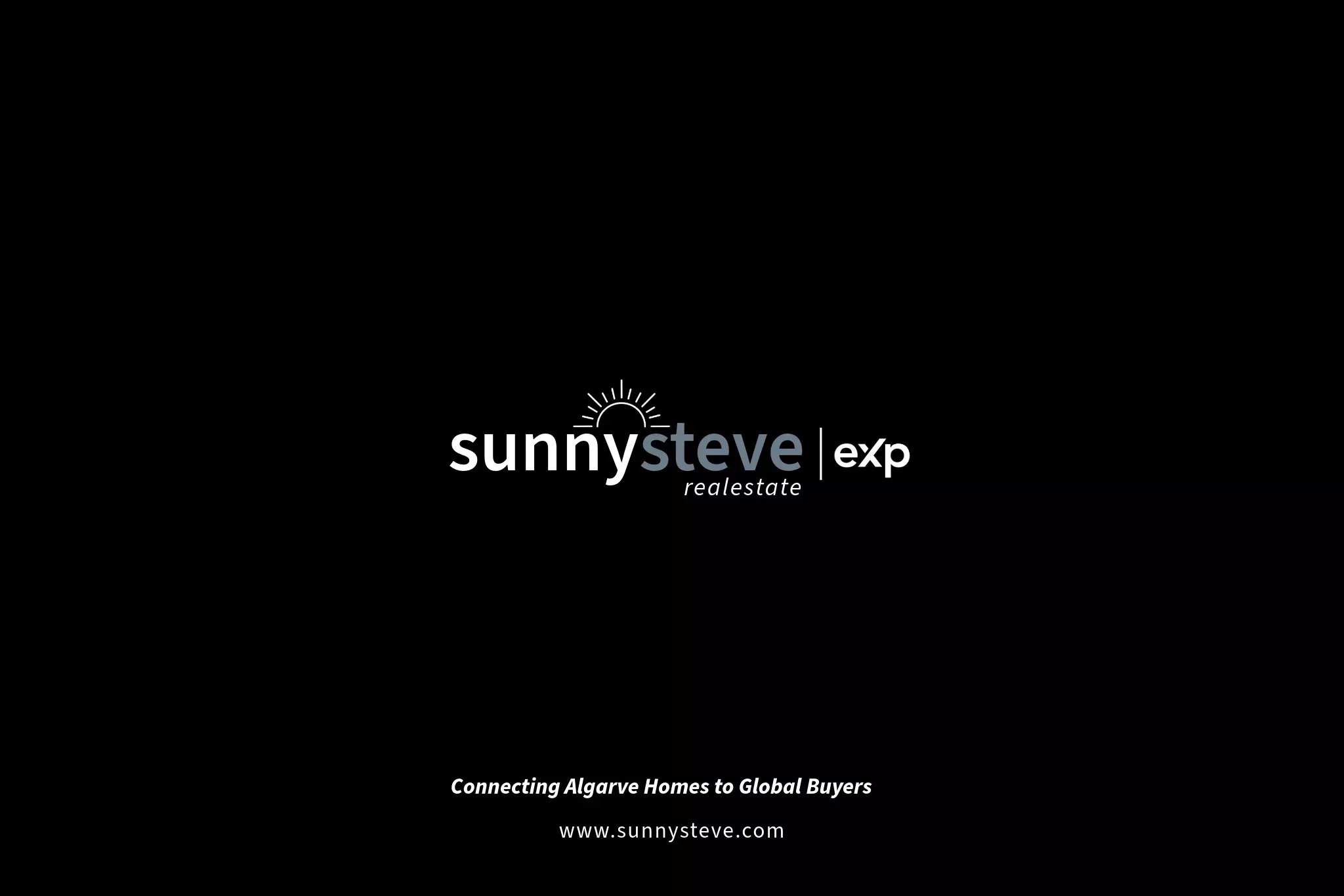 Company logo on a black background: 'sunnysteve exp realestate' with a sun graphic and 'realestate' wordmark; tagline 'Connecting Algarve Homes to Global Buyers' and website www.sunnysteve.com below (hero branding).