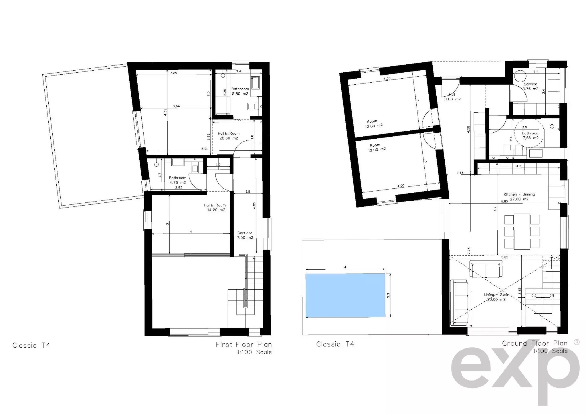 Two-floor architectural plan: ground floor with kitchen, dining, living areas and bathroom; first floor with bedrooms and hall connections.