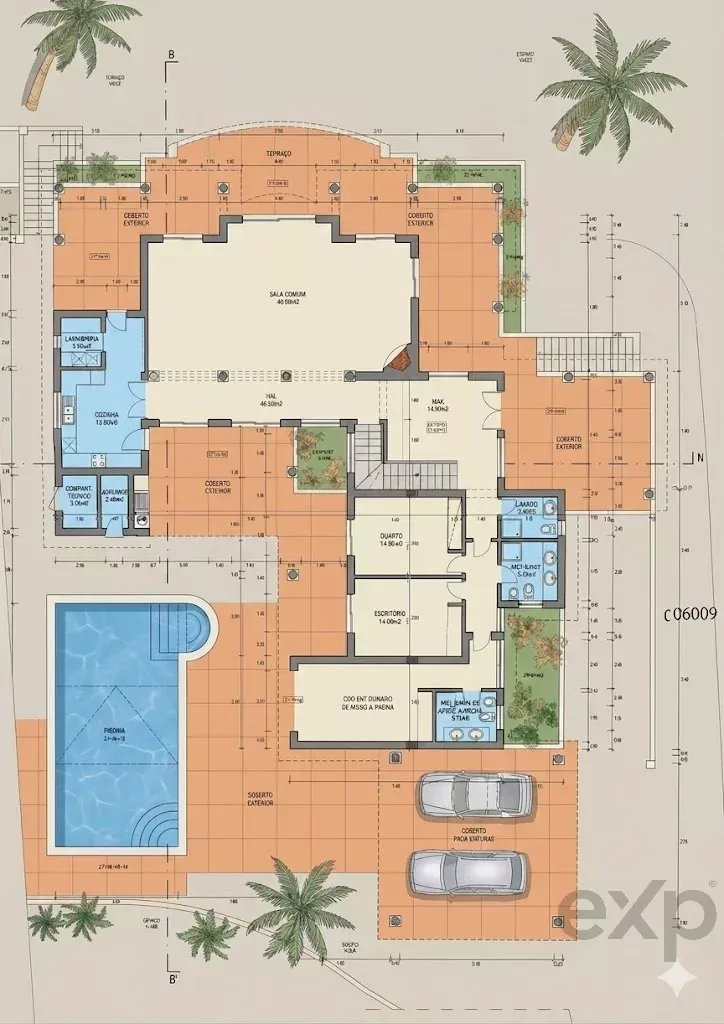 Architectural floor plan of a house with central hall, terracotta terraces, swimming pool, and a two-car garage.