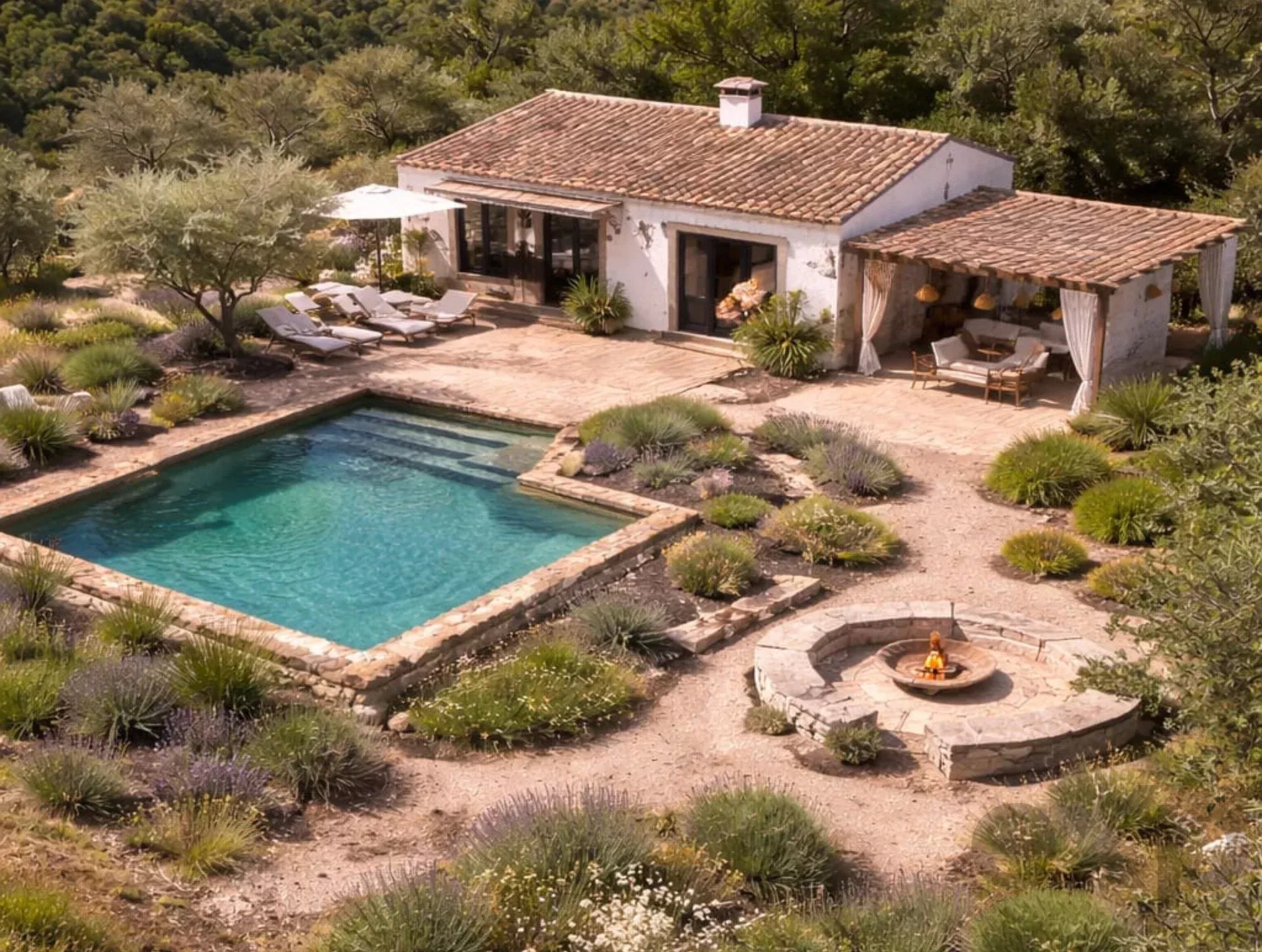 White stucco villa with terracotta roof, pool, and shaded lounge area set in a dry, rocky garden.