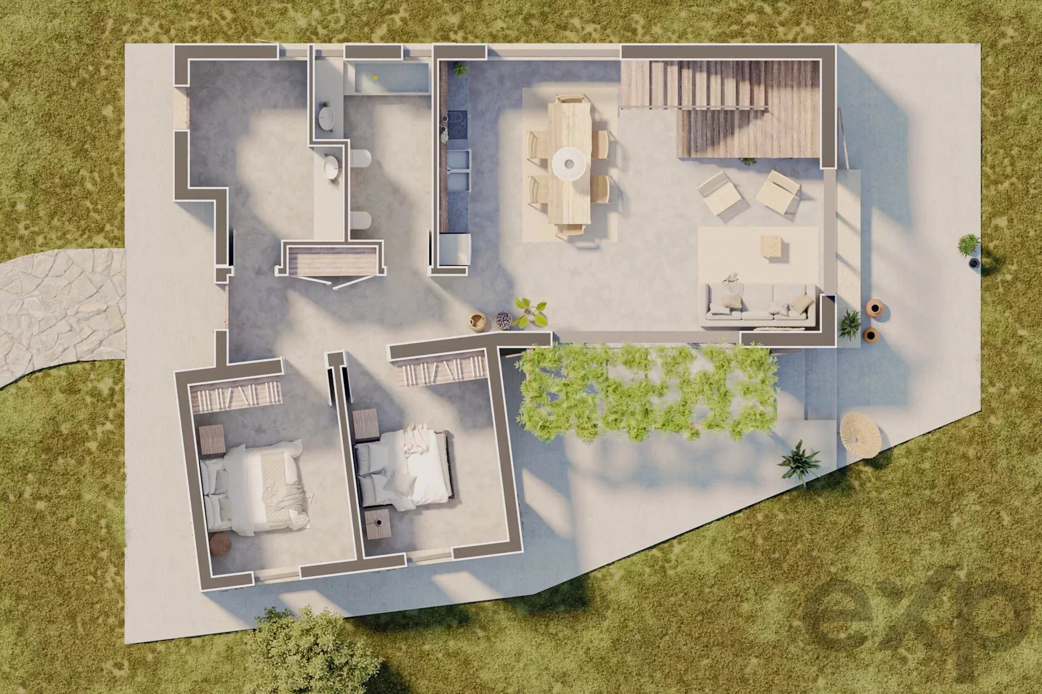 Aerial 3D view of a single-story home: bedrooms on the left, central bathroom and kitchen, dining area in the center, and an outdoor patio to the right.