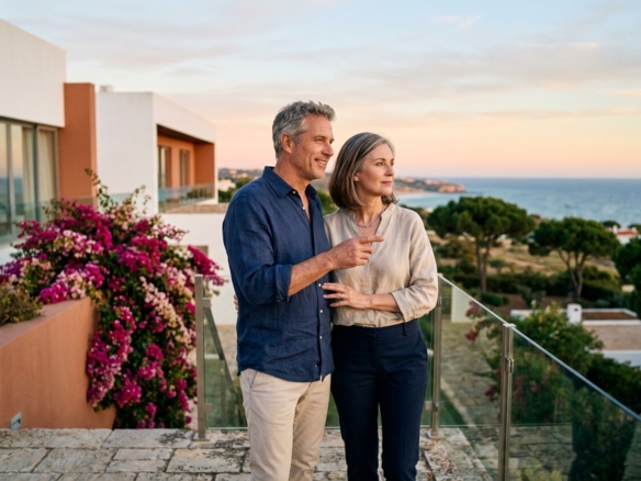 American couple viewing a villa in Lagos, Algarve: what Portugal new 7.5% non-resident IMT means for foreign buyers