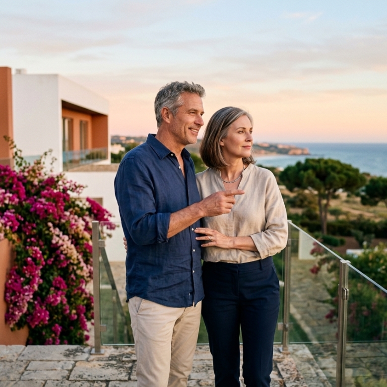 American couple viewing a villa in Lagos, Algarve: what Portugal new 7.5% non-resident IMT means for foreign buyers
