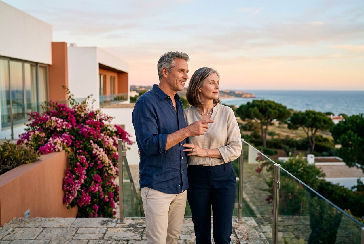 American couple viewing a villa in Lagos, Algarve: what Portugal new 7.5% non-resident IMT means for foreign buyers
