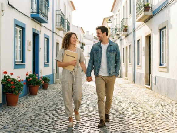 Couple walking hand in hand down a sunlit cobblestone street, white buildings with blue trim and potted flowers; woman holds a real estate folder labeled IMOBILIARIA.