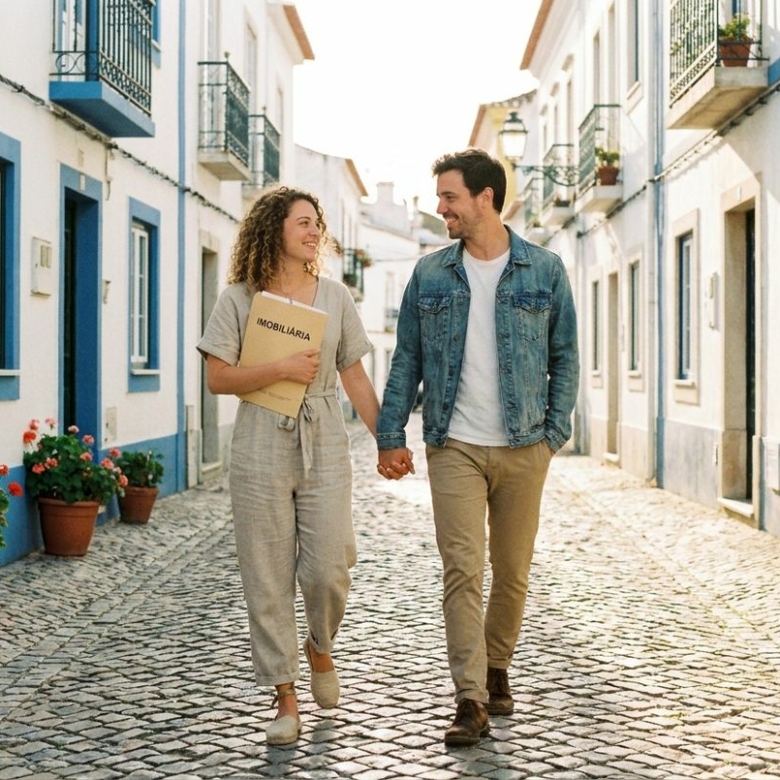 Couple walking hand in hand down a sunlit cobblestone street, white buildings with blue trim and potted flowers; woman holds a real estate folder labeled IMOBILIARIA.