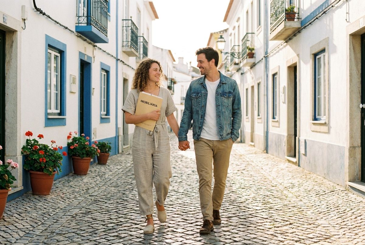 Couple walking hand in hand down a sunlit cobblestone street, white buildings with blue trim and potted flowers; woman holds a real estate folder labeled IMOBILIARIA.