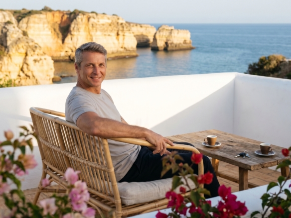 Steve Marque, expat estate agent, sitting on a terrace overlooking the Lagos coastline in the Western Algarve