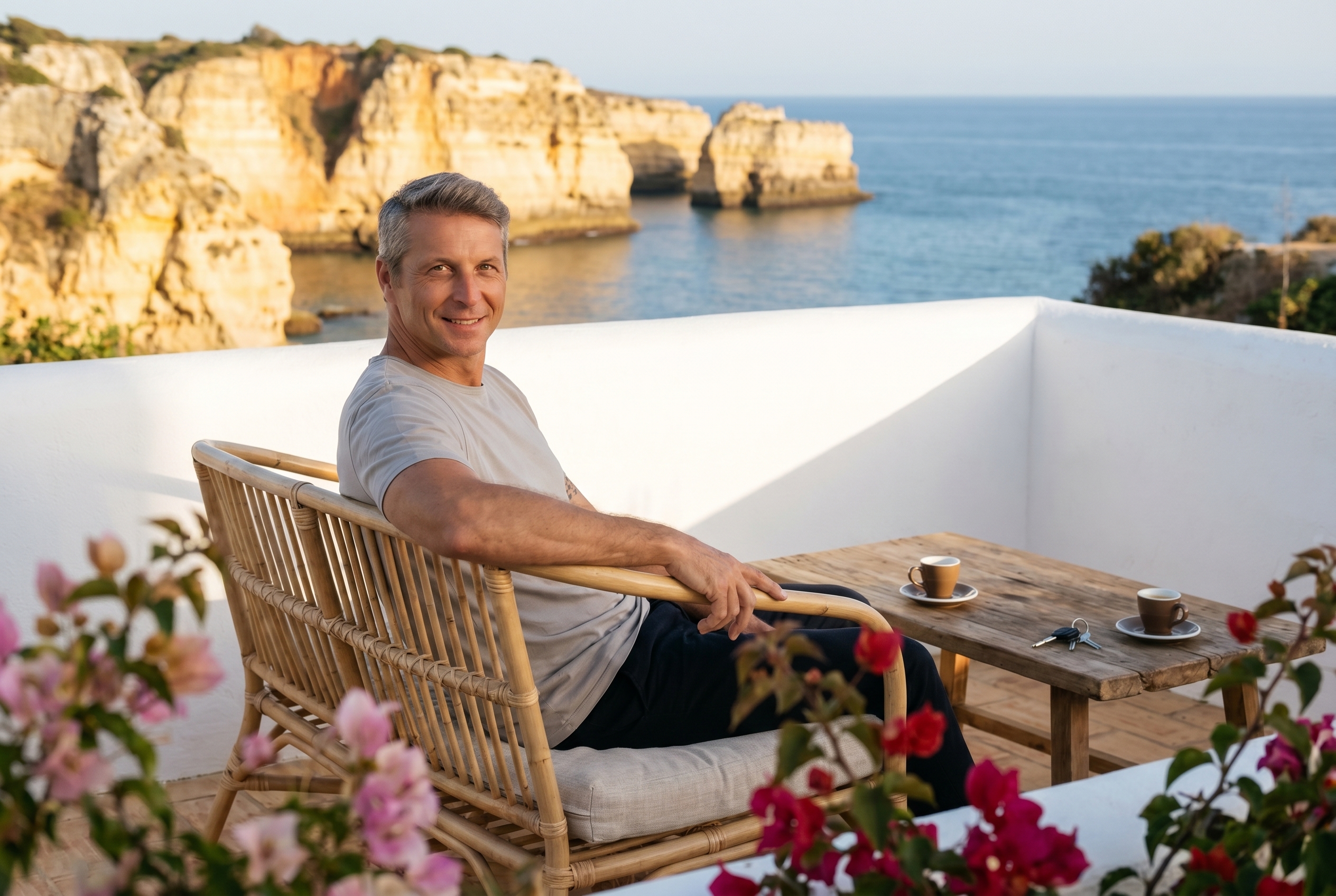Steve Marque, expat estate agent, sitting on a terrace overlooking the Lagos coastline in the Western Algarve