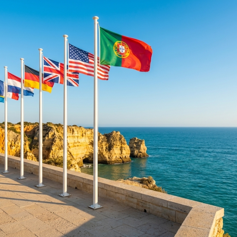 Row of international flags on poles along a sunny seaside promenade overlooking the ocean.