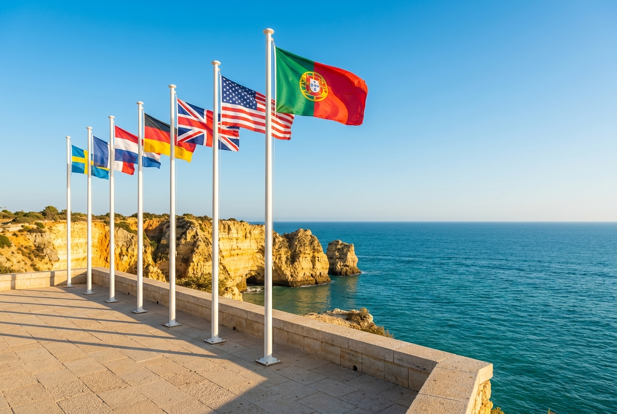 Row of international flags on poles along a sunny seaside promenade overlooking the ocean.
