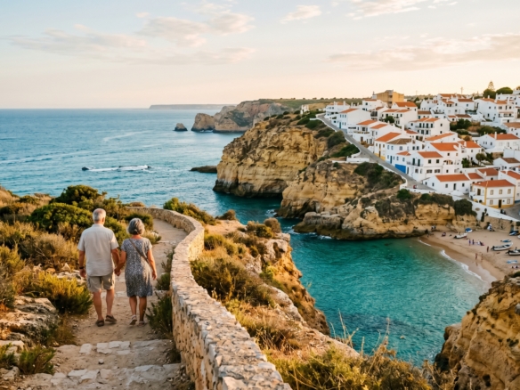 Whitewashed Western Algarve clifftop village above a cove at golden hour, a retired couple walking the path, comparing Lagos and Carvoeiro for retirement