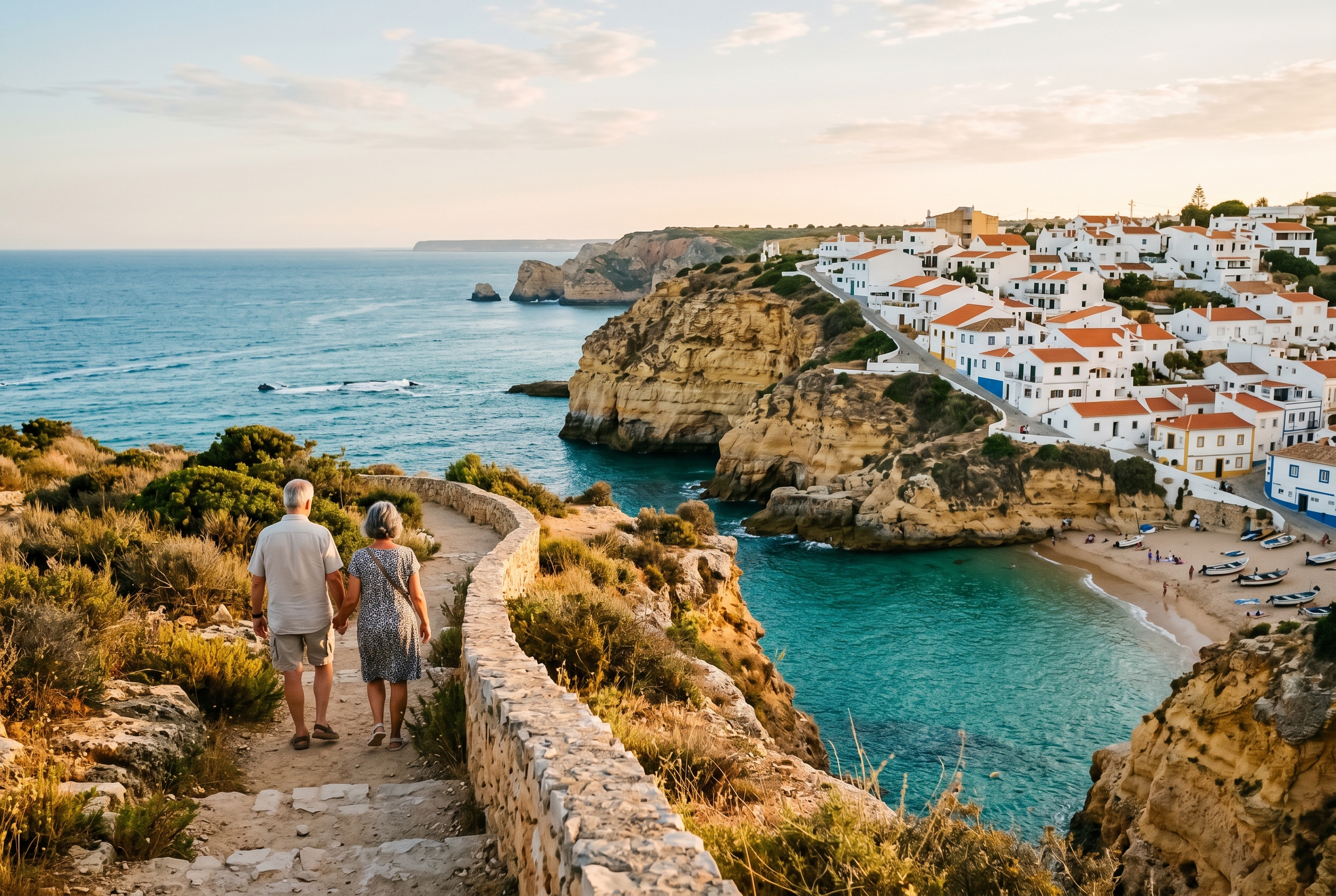 Whitewashed Western Algarve clifftop village above a cove at golden hour, a retired couple walking the path, comparing Lagos and Carvoeiro for retirement