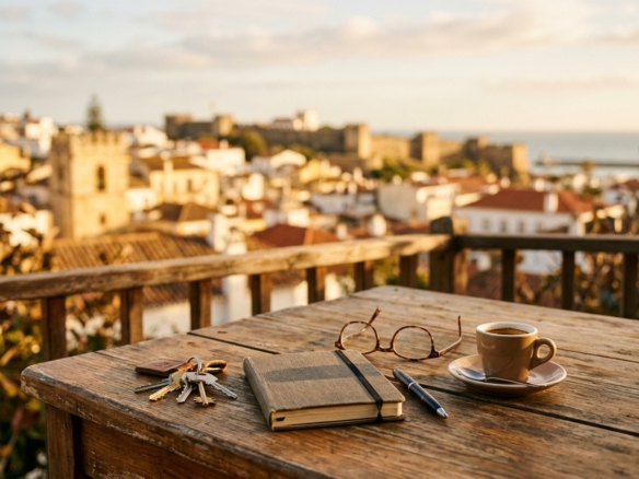 Sunlit terrace table with house keys and notebook overlooking Lagos old town, Western Algarve, illustrating the cost of buying property in Portugal under the new 7.5% IMT