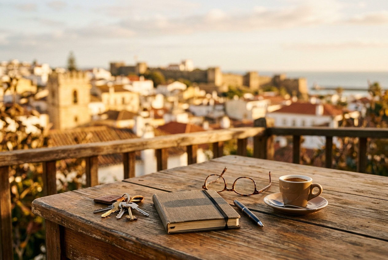 Sunlit terrace table with house keys and notebook overlooking Lagos old town, Western Algarve, illustrating the cost of buying property in Portugal under the new 7.5% IMT