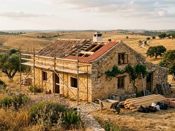 Traditional stone farmhouse mid-renovation in the Western Algarve near Lagos, Portugal construction code 2026