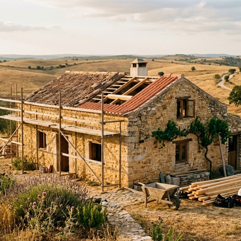 Traditional stone farmhouse mid-renovation in the Western Algarve near Lagos, Portugal construction code 2026