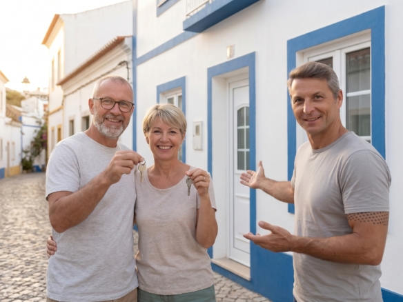 Steve Marque gesturing toward a townhouse as an expat couple hold the keys on a cobbled street in Lagos, Western Algarve