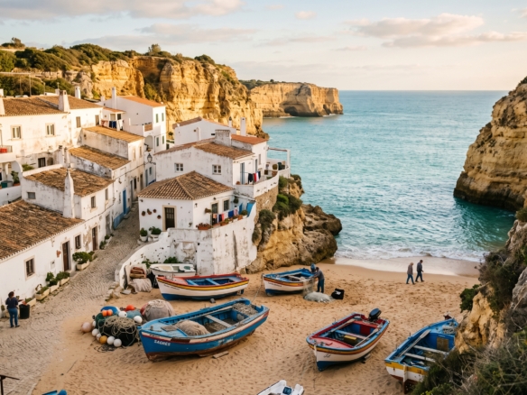 A whitewashed Western Algarve fishing village with boats on the cove, comparing Burgau, Salema and Sagres for expat buyers