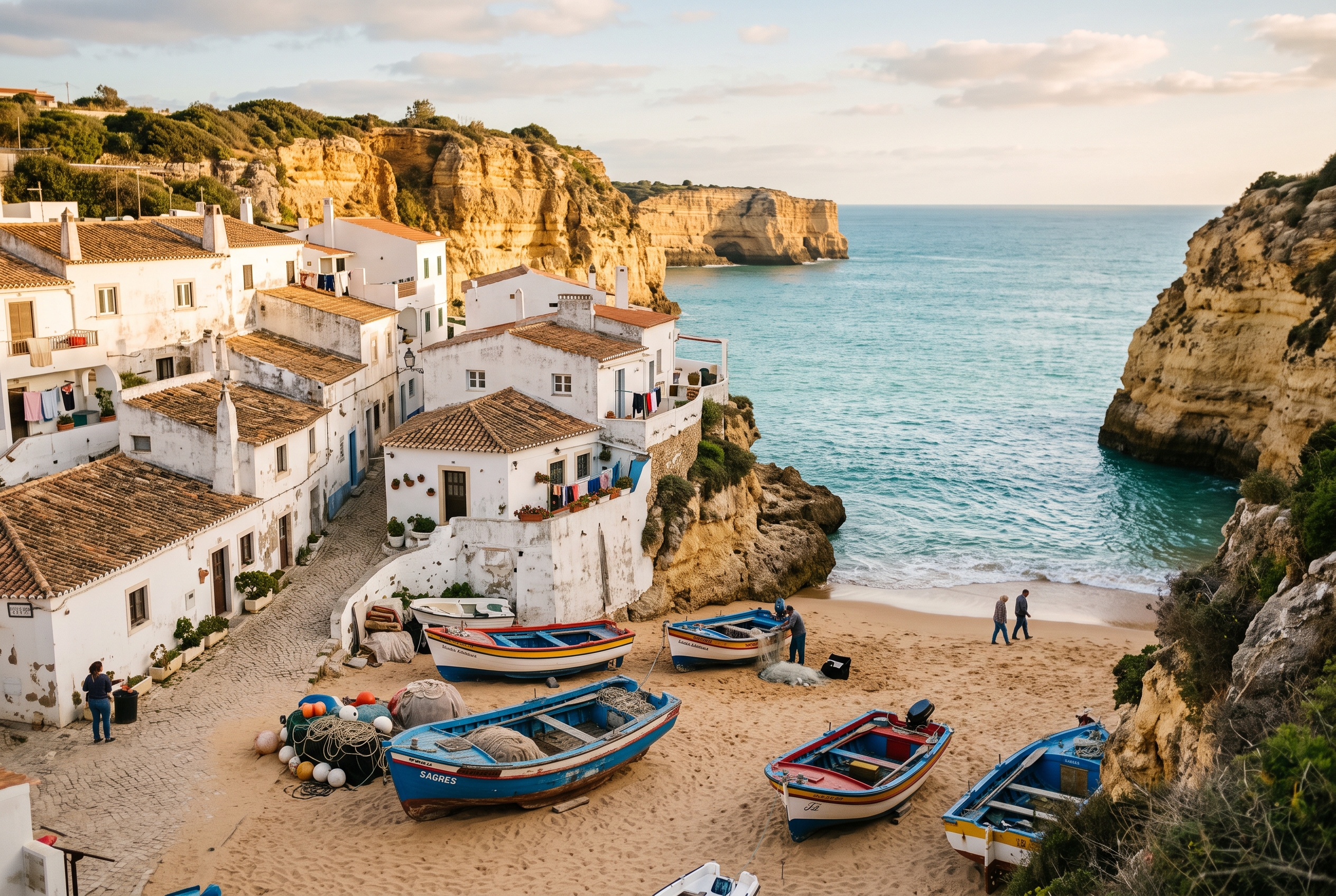 A whitewashed Western Algarve fishing village with boats on the cove, comparing Burgau, Salema and Sagres for expat buyers